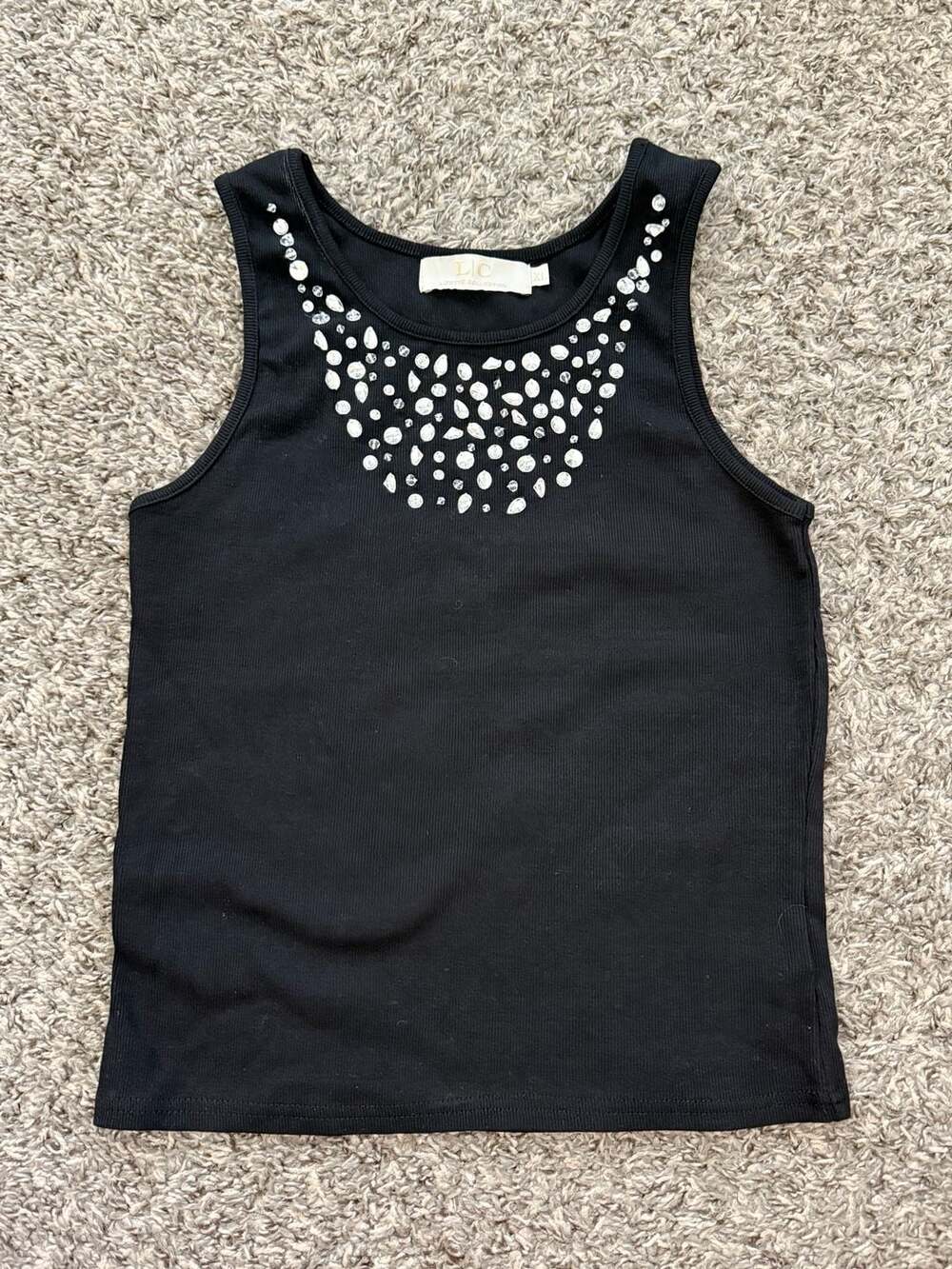 Lizette Collection Black Ribbed Tank Top with Rhinestone Embellishment